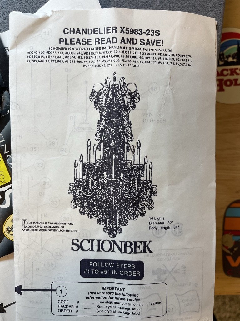 Schonbek chandelier assembly manual listing 51 numbered steps