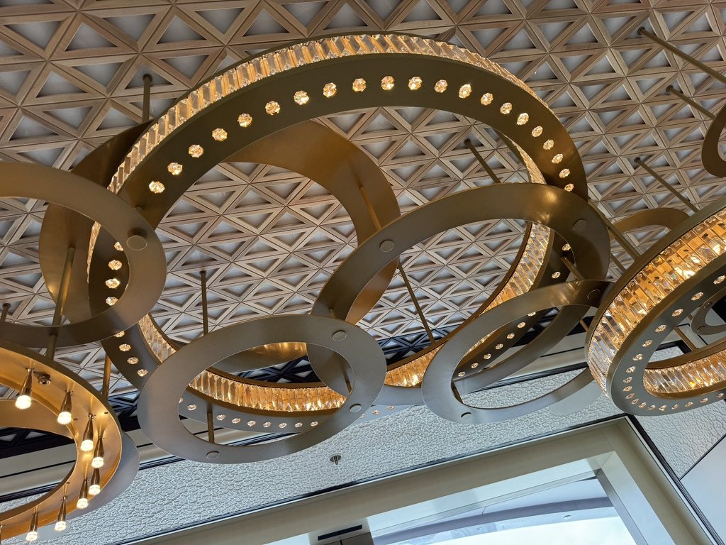 Statement ring chandeliers in a commercial space