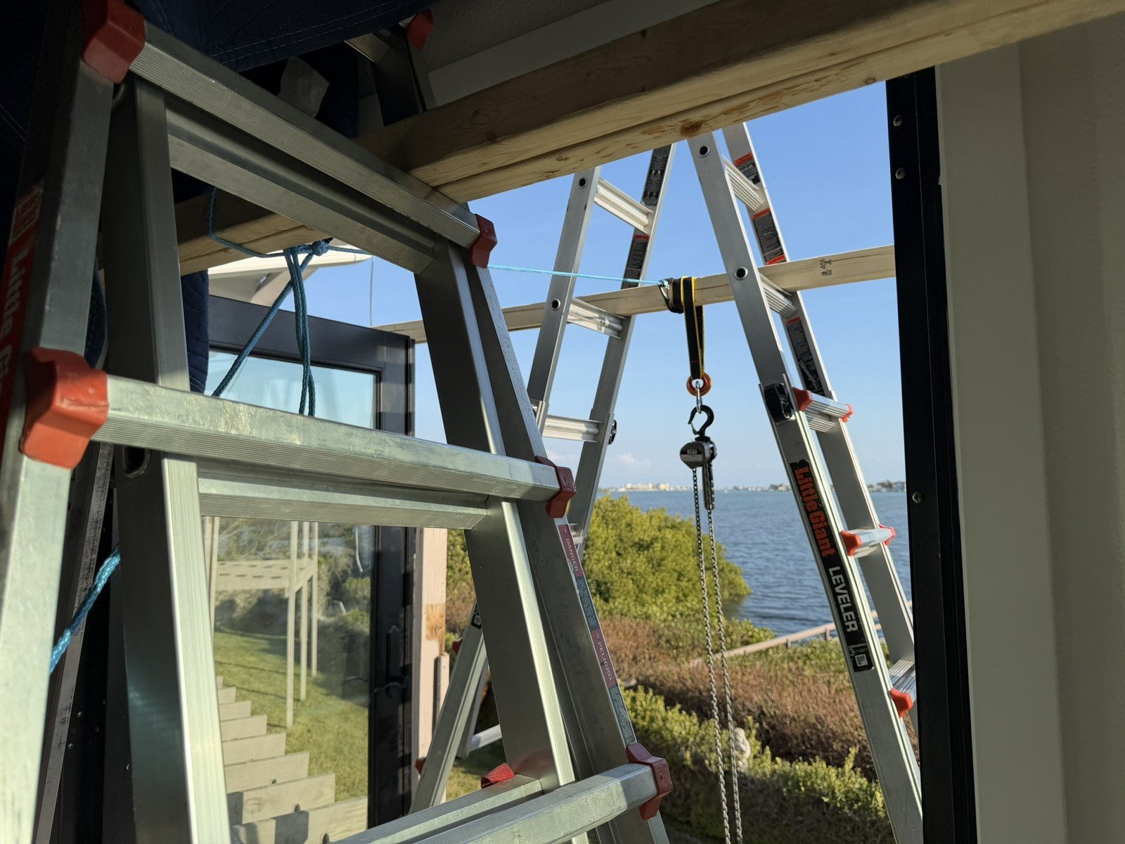 Chain hoist rigged for a chandelier takedown